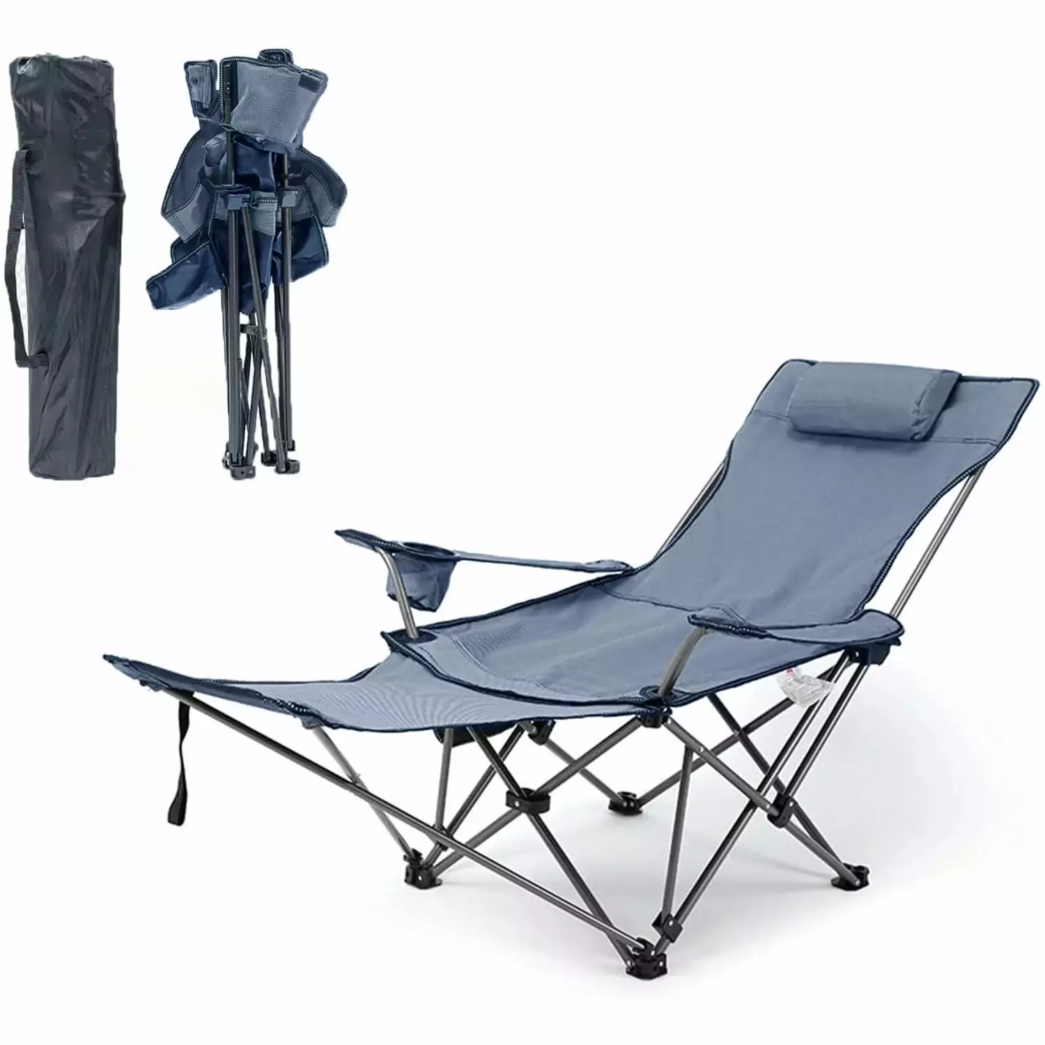 GVDV Folding Camping Chair with Removable Footrest and Adjustable Backrest for Adults. Portable and Lightweight Reclining Lounge Chairs with Pillow. Cup Holder and Side Pocket for Outdoor