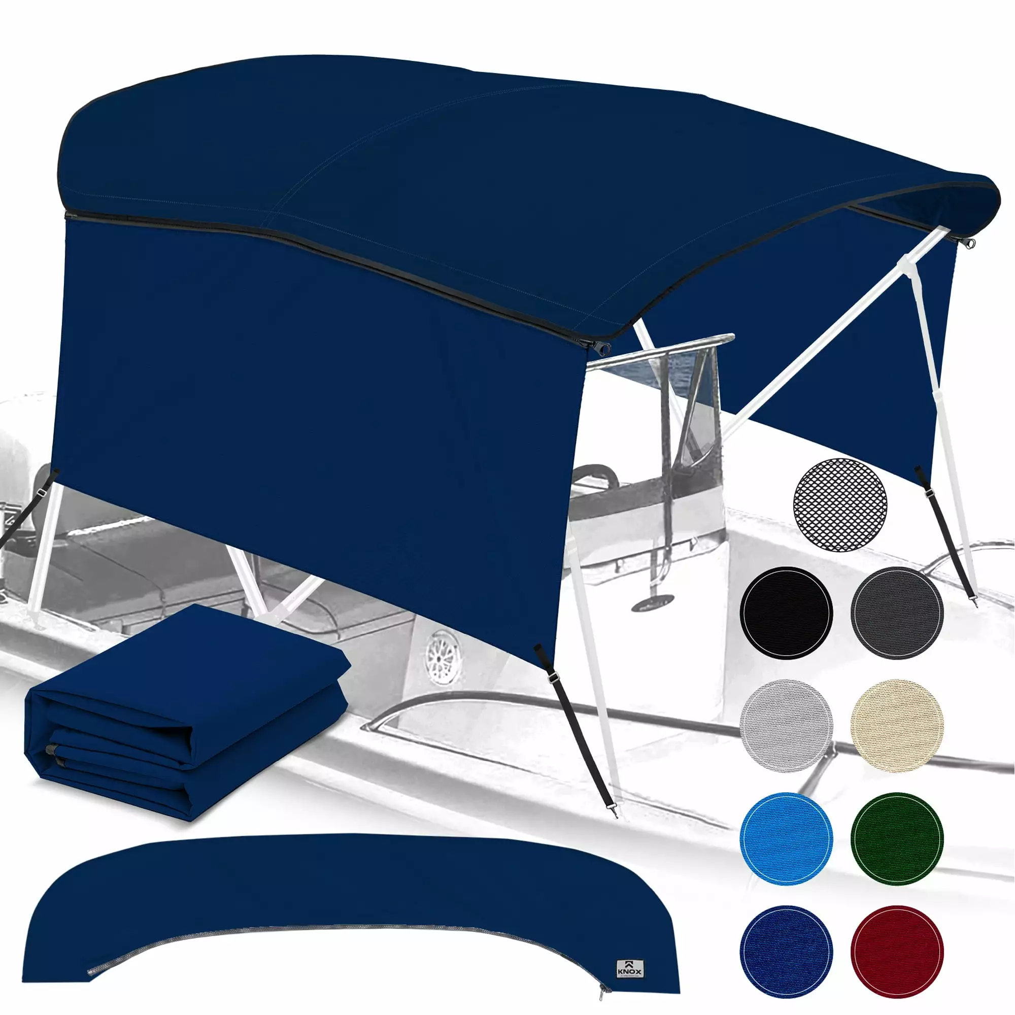 KNOX Universal 3 Bow Bimini Top Replacement Canvas & Detachable Sidewalls with Storage Boot. 900D Marine Grade Sun Shade Boat Canopy with Solid Side Blocks. No Frame. 67-72W. Navy Blue