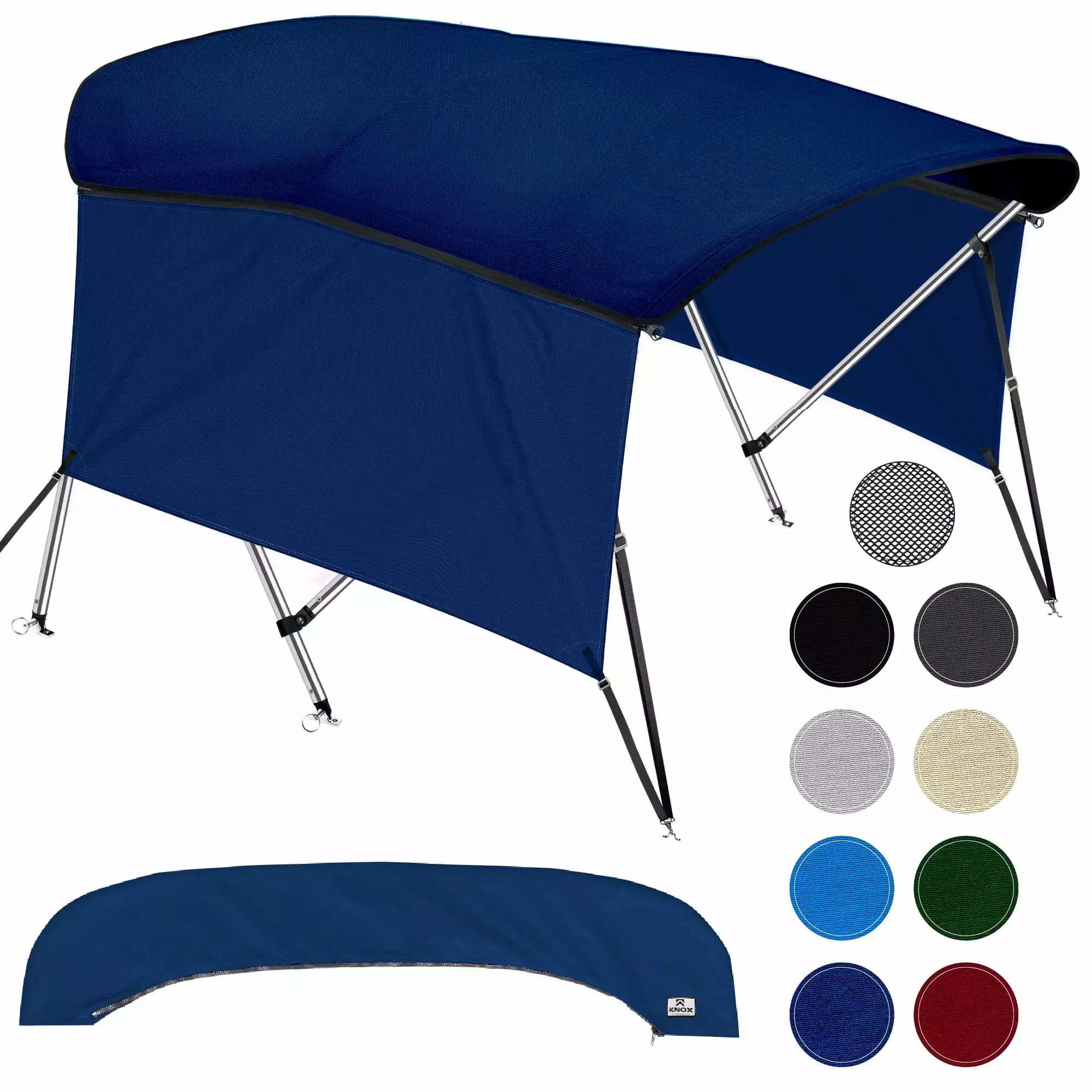 KNOX Universal 3-Bow Bimini Tops for Boats Cover Side Walls. Support Poles. Fade-Proof 900D Marine Canvas. Storage Boot. Sun Shade Canopy For Pontoon. V-Hull. Fishing. Jon Boat. 61-66W (Navy Blue)