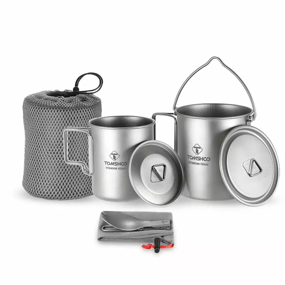 TOMSHOO Camping Cookware Set Lightweight 3 Pieces 750ml Pot 450ml Water Mug with Lid Folding Spork Collapsible Handle for Hiking Backpacking